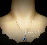 Blue Sapphire Necklace - Gemstone Flower White Gold Coated Sterling Silver 2.5 Ct September Birthstone Royal Solitaire Artist Design #648