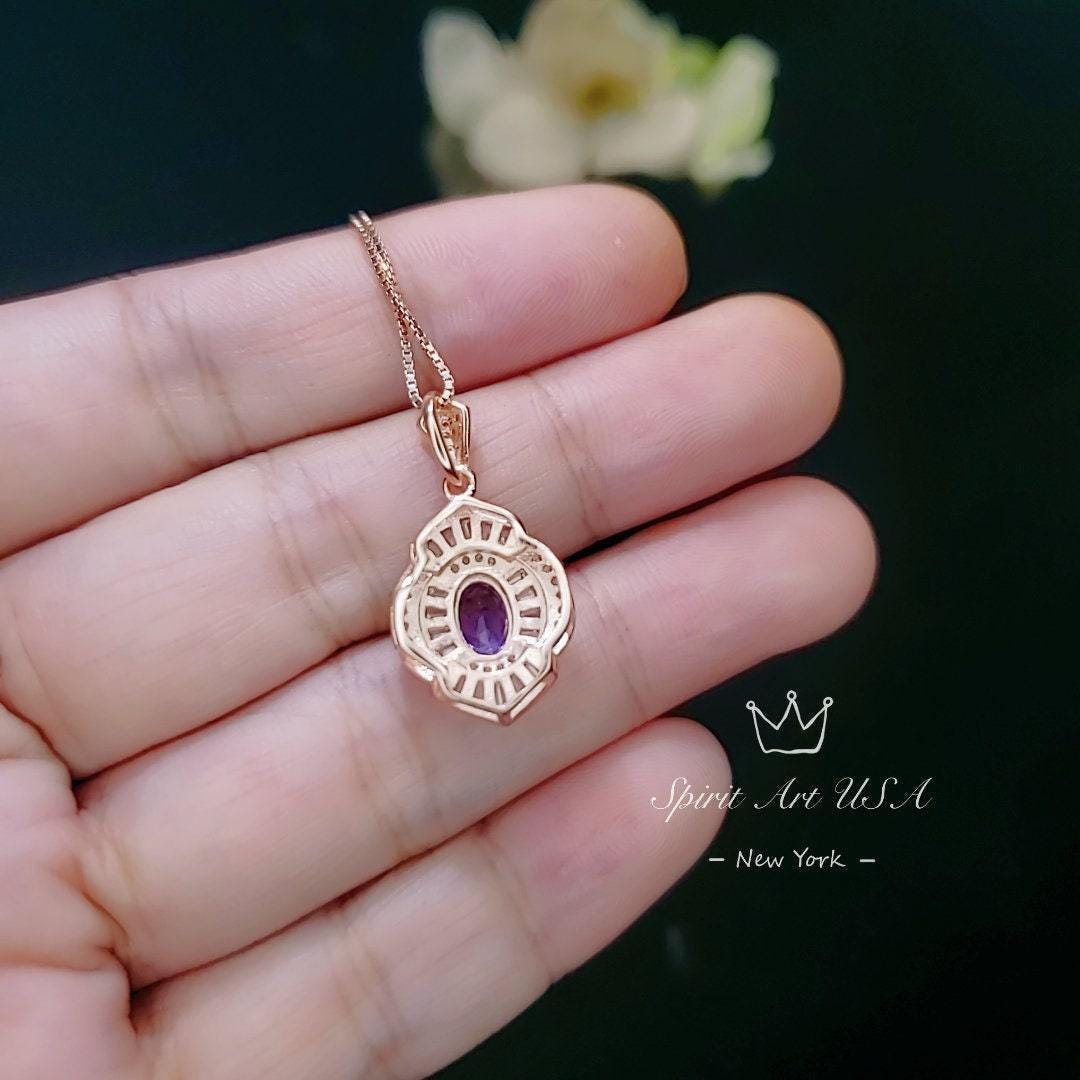 Amethyst Necklace - Rose Gold Sterling Silver - Lotus Amethyst Pendant - February Birthstone - Purple Gemstone Jewelry #615