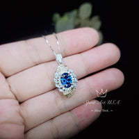 Blue Sapphire Necklace Spiral of Life Pendant - 2 CT Blue Sapphire Pendant Spiritual Gemstone Flower Jewelry Double Halo Swirl 18KGP #656