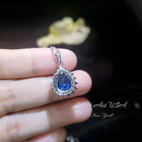 Teardrop Blue Sapphire Necklace Pink Tourmaline Surrounded Halo Large Solitaire Pear Cut Blue Sapphire Pendant 18kgp @ Sterling Silver #686