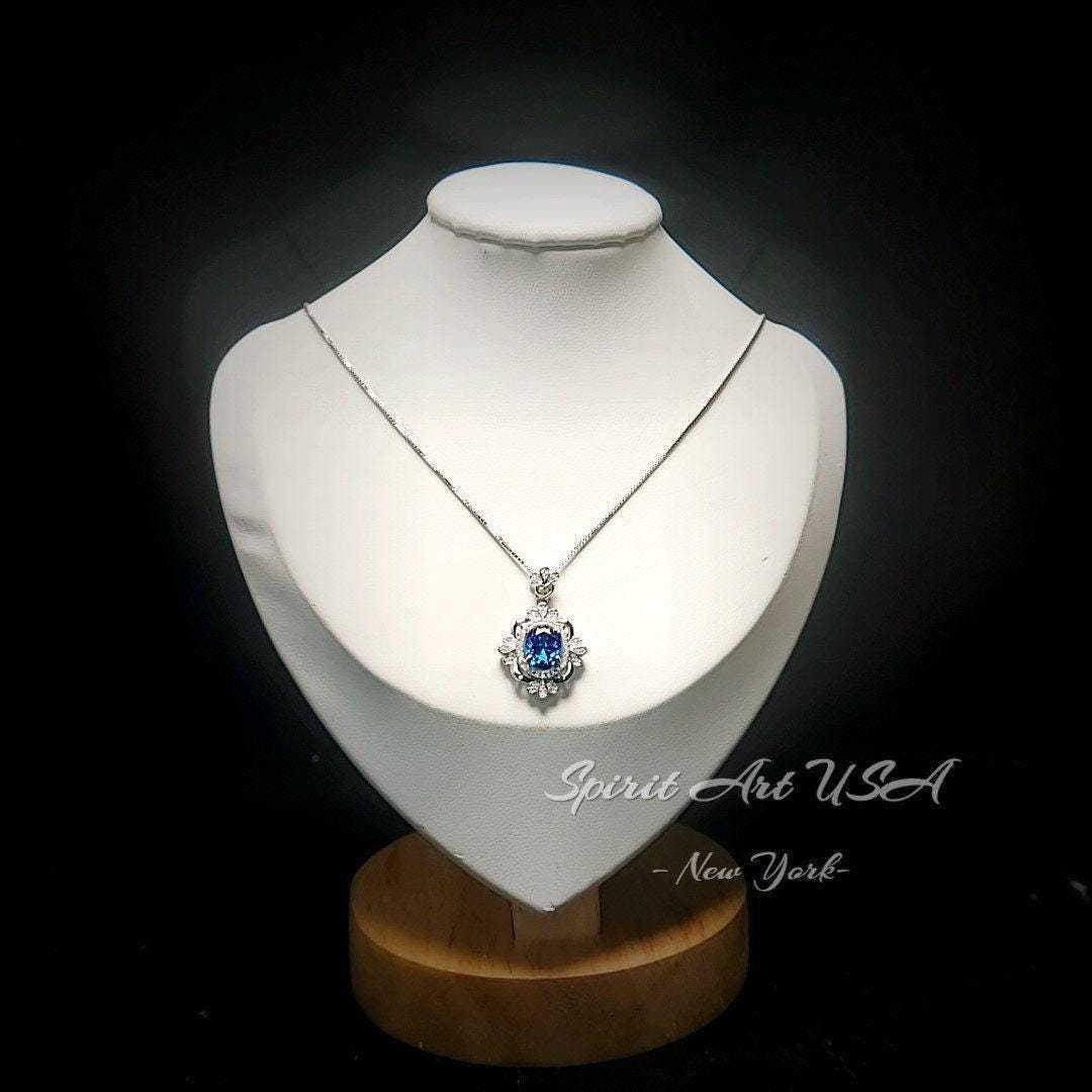 Blue Sapphire Necklace - Gemstone Flower White Gold Coated Sterling Silver 2.5 Ct September Birthstone Royal Solitaire Artist Design #648