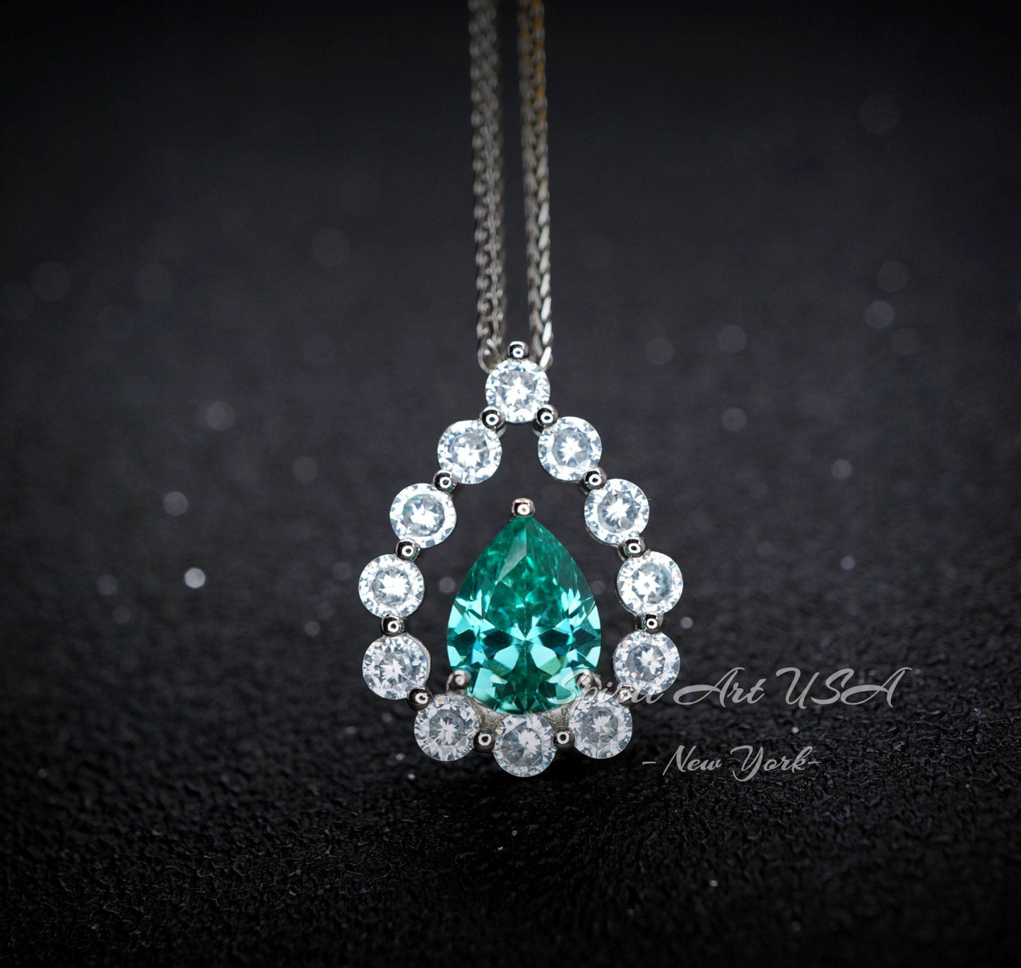 Green Paraiba Necklace - 18KGP @ Sterling Silver - 2.5 CT - Gemstone Halo Teardrop Green Paraiba Tourmaline Necklace #969