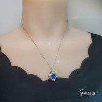 Large Blue Sapphire Necklace - 18kgp Sterling Silver - Flower Of Life Necklace - 4 Ct Solitaire Halo Blue Sapphire Pendant #563