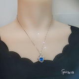 Large Blue Sapphire Necklace - 18kgp Sterling Silver - Flower Of Life Necklace - 4 Ct Solitaire Halo Blue Sapphire Pendant #563