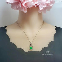 10mm Green Jade Necklace Diamond Triple Circle Green Jade Pendant White Gold Plated Sterling Silver 1051