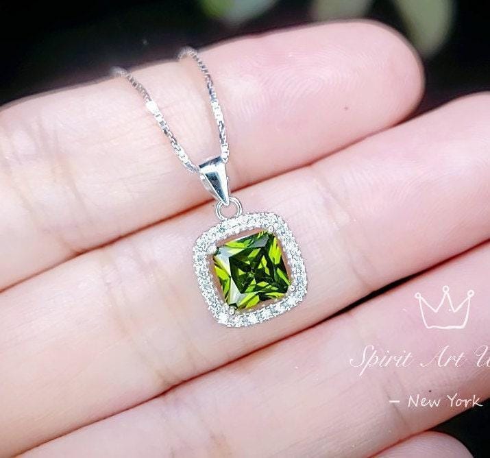 Super Tiny Peridot Necklace - Sterling Silver Square Created Green Peridot Pendant - August Birthstone 016