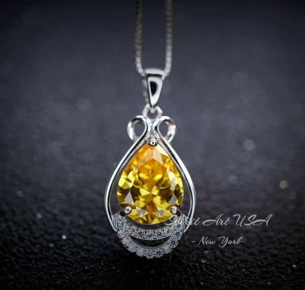 2.5 CT Yellow Moissanite Gemstone Necklace Sterling Silver Teardrop Created Citrine Gemstone Pendant - November Birthstone #395