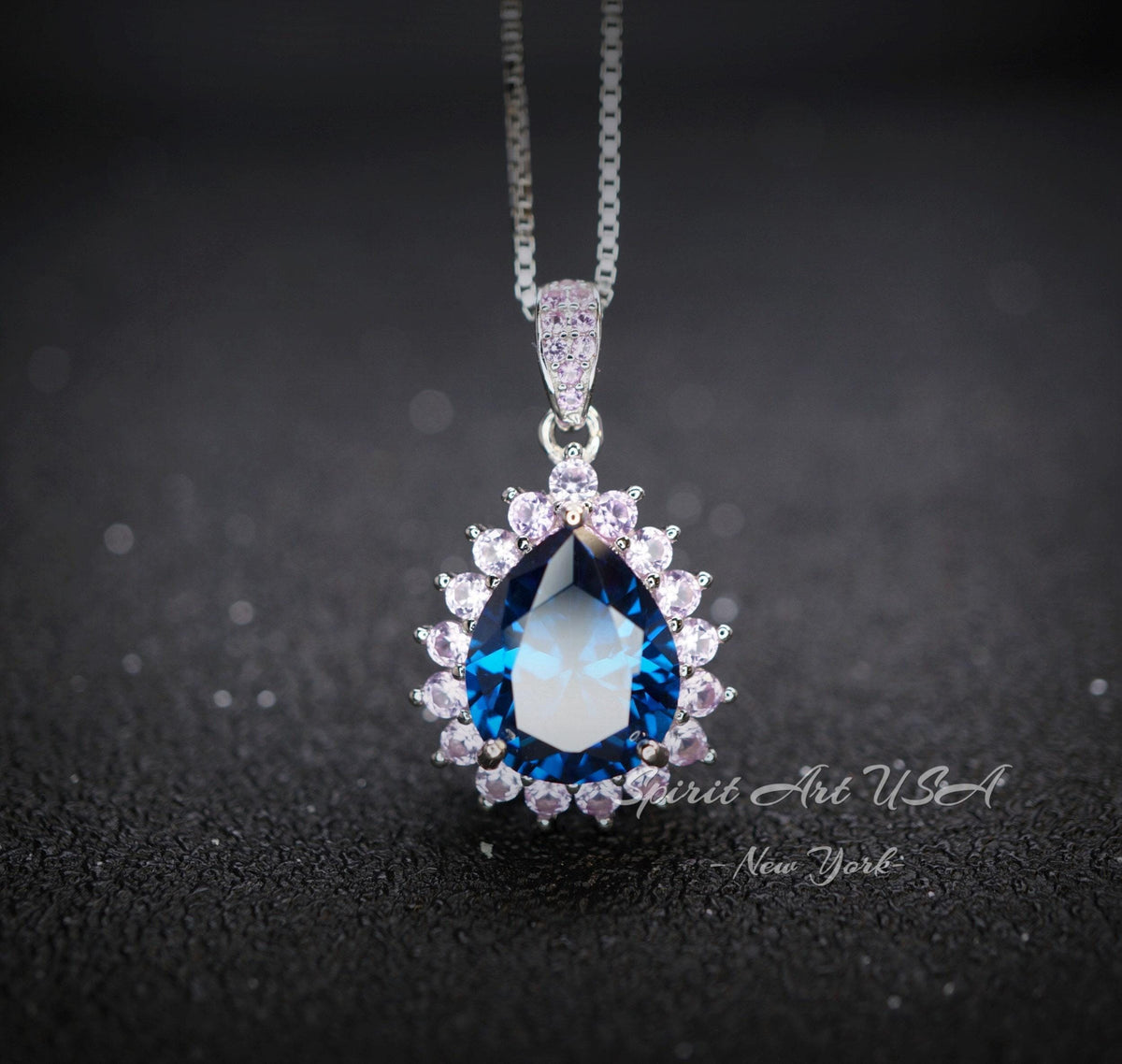 Teardrop Blue Sapphire Necklace Pink Tourmaline Surrounded Halo Large Solitaire Pear Cut Blue Sapphire Pendant 18kgp @ Sterling Silver #686