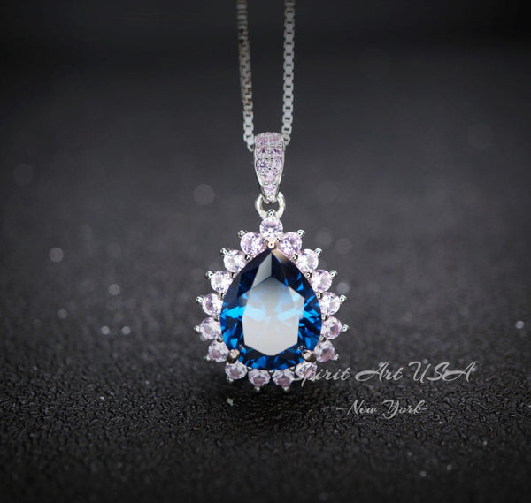 Teardrop Blue Sapphire Necklace Pink Tourmaline Surrounded Halo Large Solitaire Pear Cut Blue Sapphire Pendant 18kgp @ Sterling Silver #686