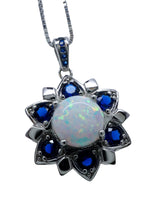 Opal Necklace - Blue Sapphire Star Flower Pendant - 18KGP @ Sterling Silver - October September Birthstone - White Fire Opal Jewelry #689