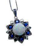 Opal Necklace - Blue Sapphire Star Flower Pendant - 18KGP @ Sterling Silver - October September Birthstone - White Fire Opal Jewelry #689