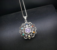 Amethyst Necklace - 7 Chakra Pendant - 18KGP @ Sterling Silver - Genuine Natural Amethyst Jewelry - Flower Of Life Yoga Necklace #464