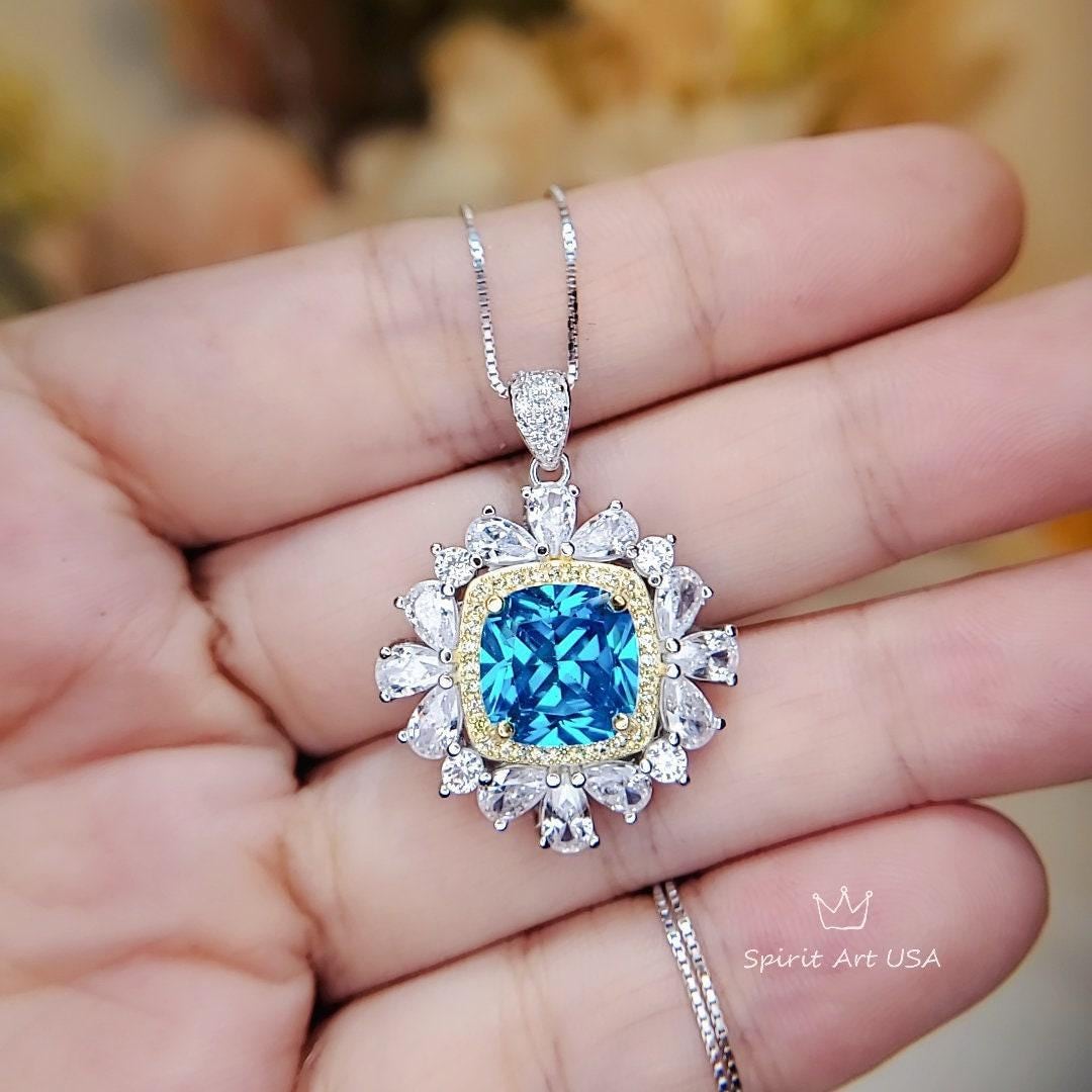 Blue Topaz Necklace 18kgp @ Sterling Silver Large Square Radiant Cut Halo 7 CT Blue Topaz Gemstone Pendant November Birthstone #808