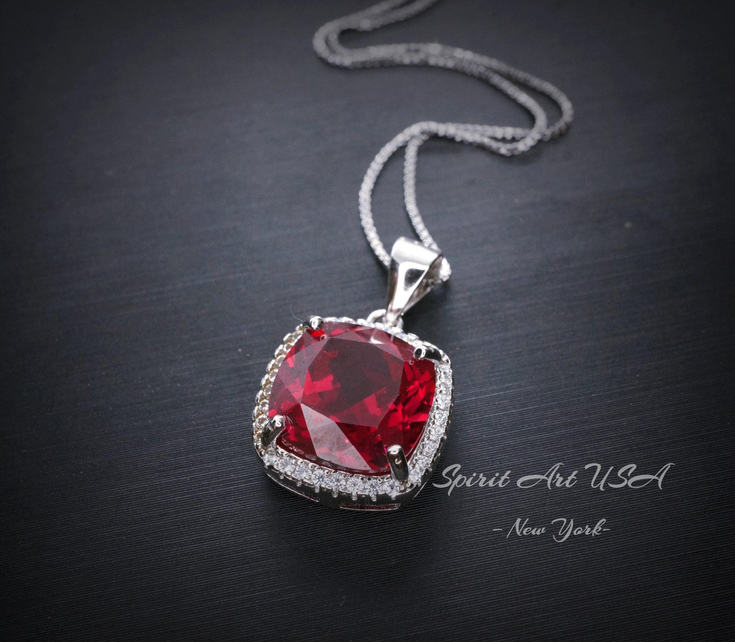Large Ruby Necklace Sterling Silver 6 CT Square Gemstone Red Pendant 18k White Gold Plated July Birthstone #473
