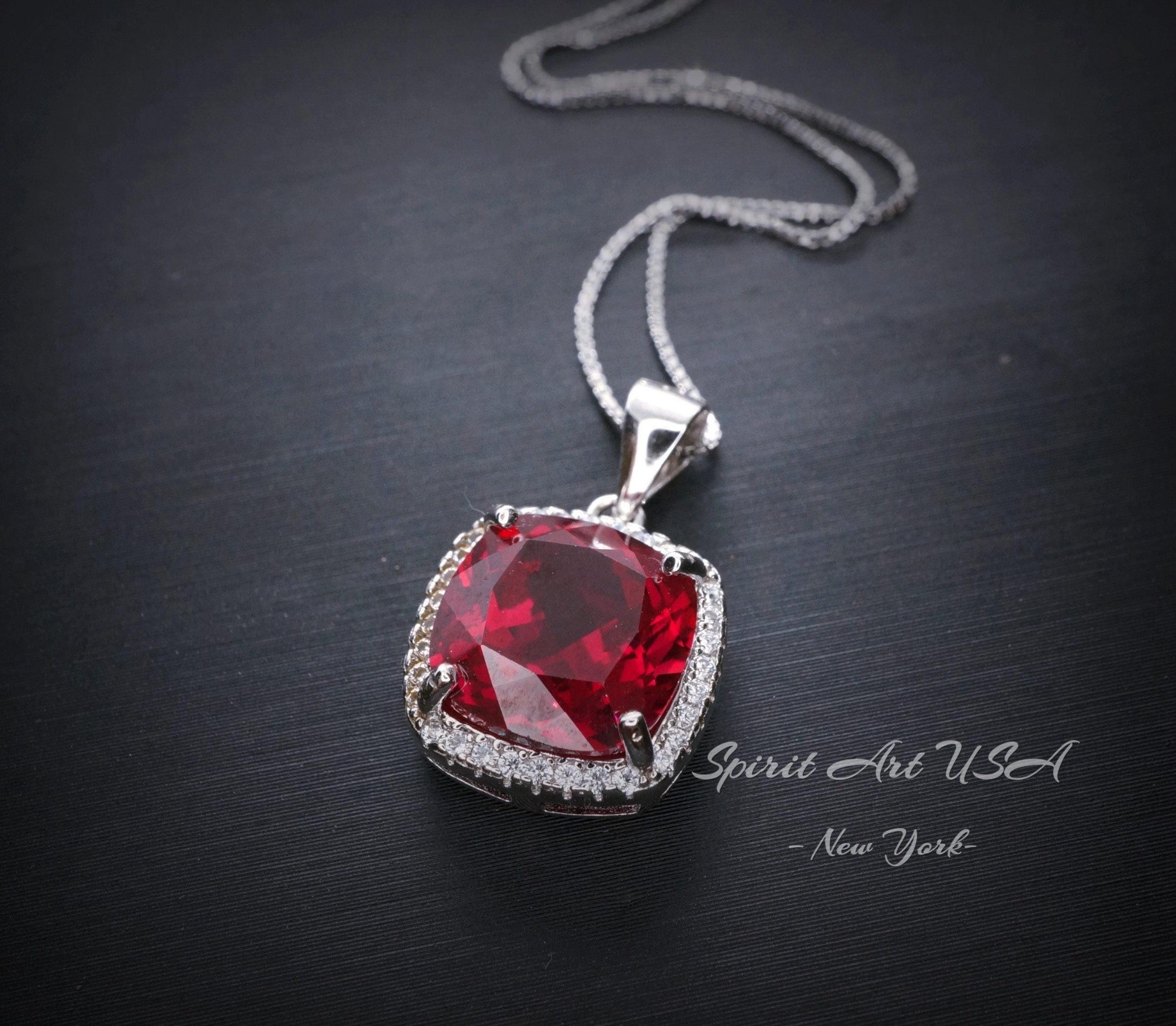Large Ruby Necklace Sterling Silver 6 CT Square Gemstone Red Pendant 18k White Gold Plated July Birthstone #473