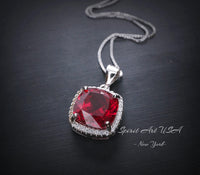 Large Ruby Necklace Sterling Silver 6 CT Square Gemstone Red Pendant 18k White Gold Plated July Birthstone #473