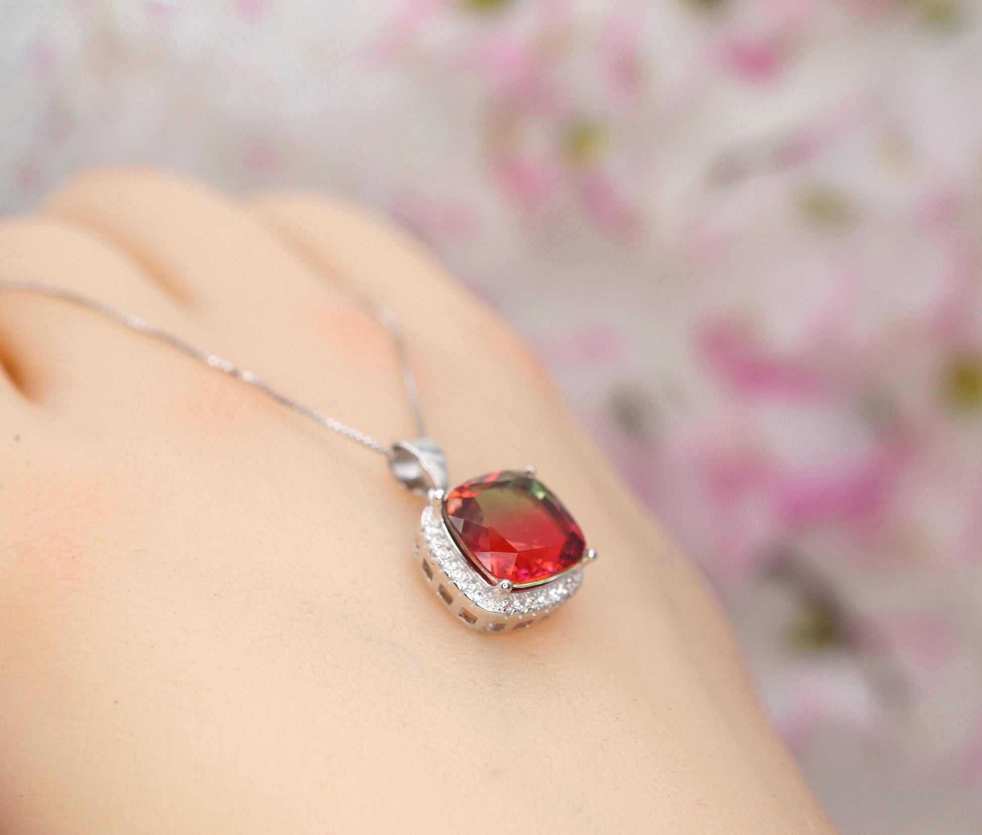 Watermelon Tourmaline Necklace - Sterling Silver Square Rainbow Red Tourmaline Pendant 1081