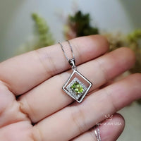 Tiny Geometric Square Peridot Necklace, Double Square, Genuine Natural Peridot Pendant Sterling Silver White Gold Plated #168