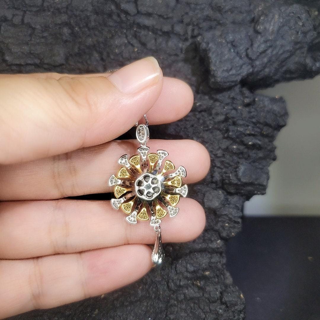 Black Pearl Necklace - 18KGP - Sterling Silver with Gold Sun Sunflower Style - Genuine Black Pearl Jewelry #742