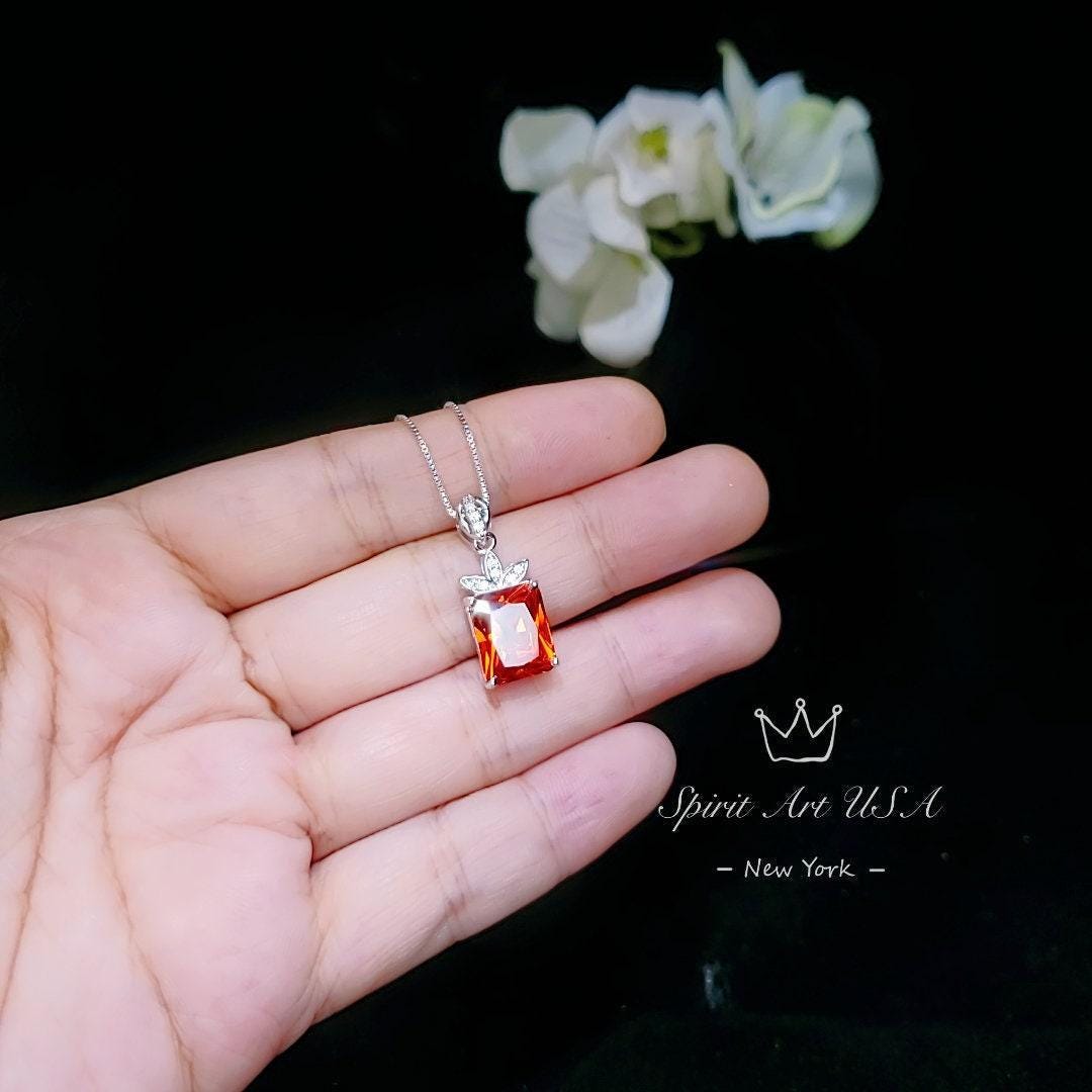 Large Rectangular Sunstone Necklace - Red Orange Tangerine Spessartite Garnet Jewelry Diamond Petal Flower 9 ct Created Orange Sapphire #668