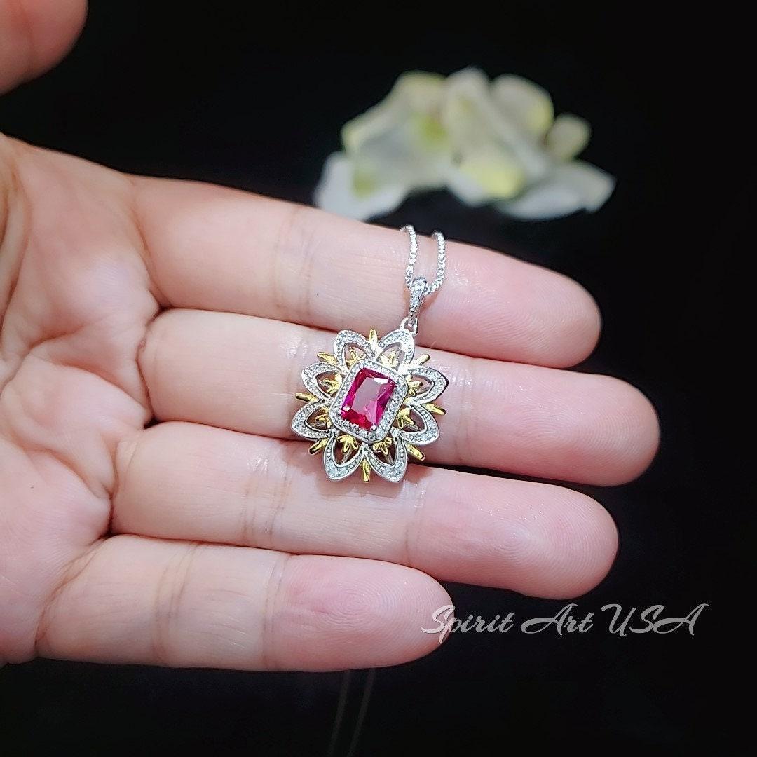 Ruby Necklace -Water Lily Flower Pendant - White Plated Sterling Silver - 1 CT Ruby Pendant - Goddess Athena Necklace #560