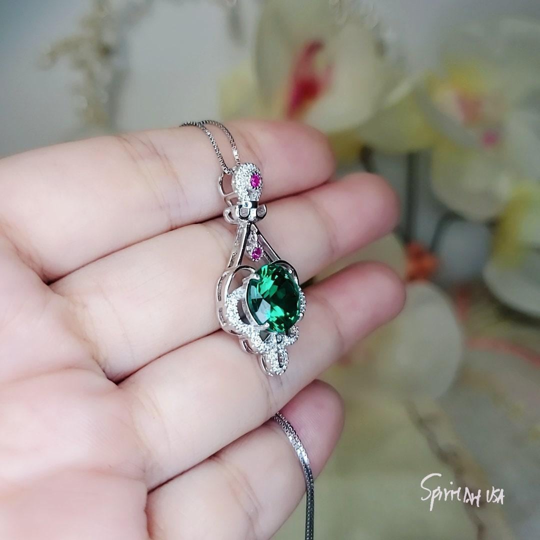 4 CT Emerald Necklace Sterling Silver Flower Tassel 10mm Round Green Gemstone Pendant Diamond White Gold Plated May Birthstone 1025
