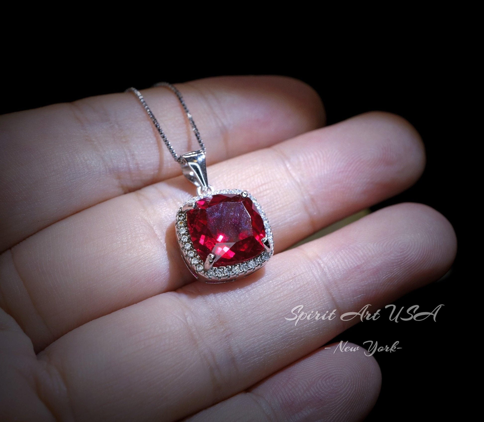 Large Ruby Necklace Sterling Silver 6 CT Square Gemstone Red Pendant 18k White Gold Plated July Birthstone #473