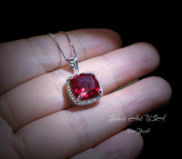 Large Ruby Necklace Sterling Silver 6 CT Square Gemstone Red Pendant 18k White Gold Plated July Birthstone #473