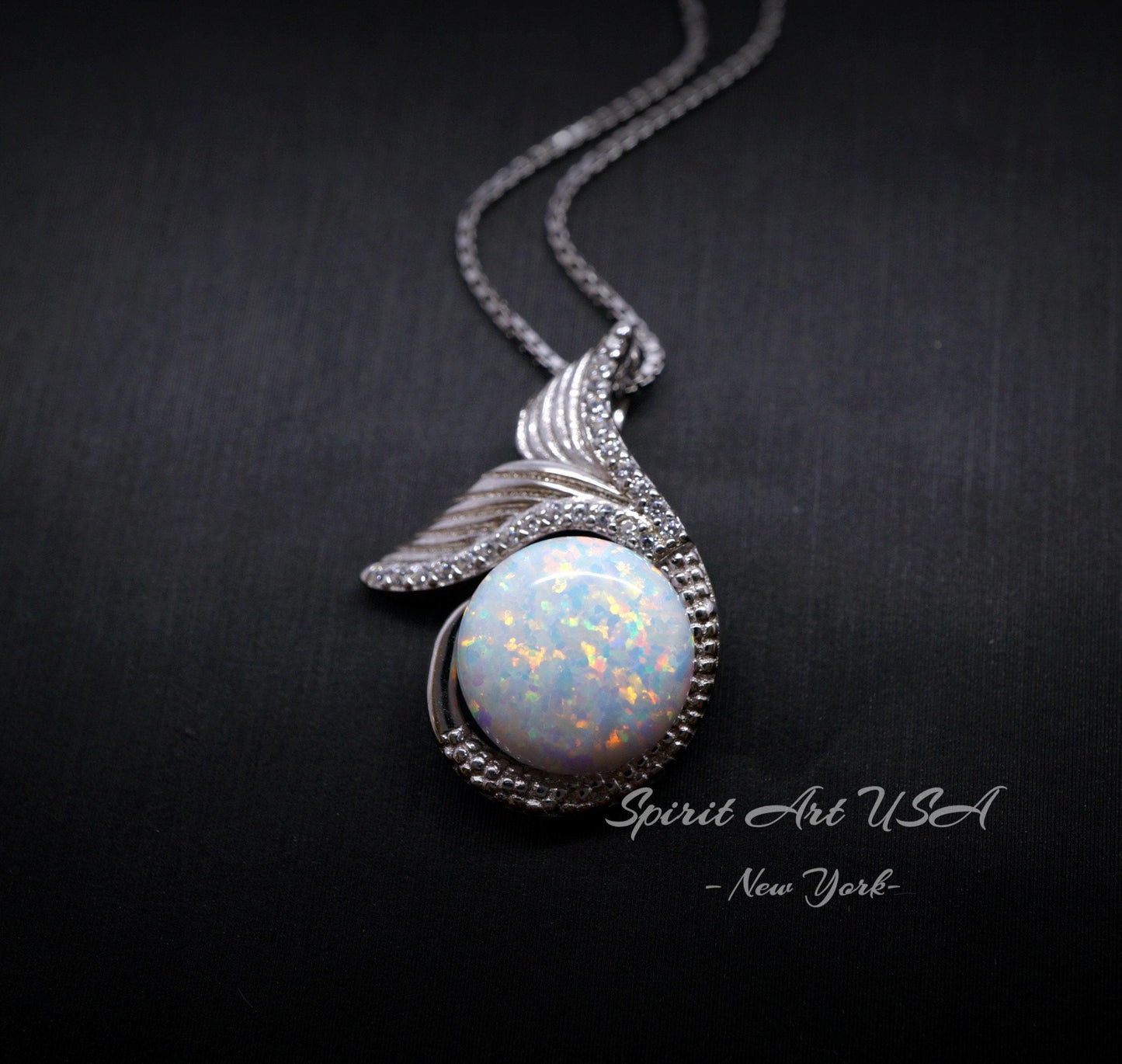 Gemstone Mermaid White Opal Necklace Sterling Silver White Gold Fish Tail Opal Pendant #935
