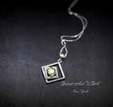 Tiny Geometric Square Peridot Necklace, Double Square, Genuine Natural Peridot Pendant Sterling Silver White Gold Plated #168