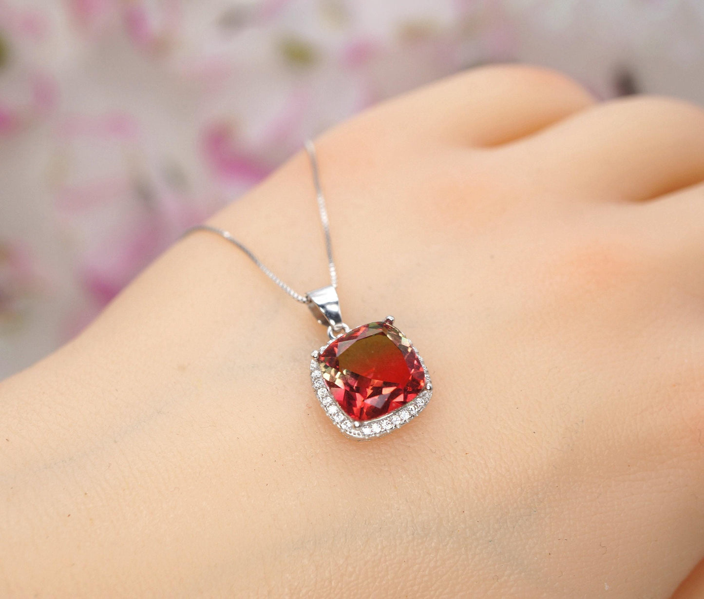 Watermelon Tourmaline Necklace - Sterling Silver Square Rainbow Red Tourmaline Pendant 1081