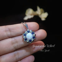 Opal Necklace - Blue Sapphire Star Flower Pendant - 18KGP @ Sterling Silver - October September Birthstone - White Fire Opal Jewelry #689