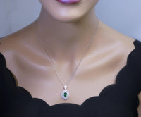 Triple Gemstone Halo Emerald Necklace - 18KGP @ Sterling Silver - Oval Cut 1.5 CT Green Emerald Pendant #713