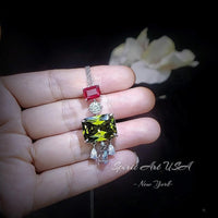Geometric Scissor Green Peridot Necklace - Sterling Silver Tassel Dangle Lab Created Synthetic Peridot CZ Pendant #905
