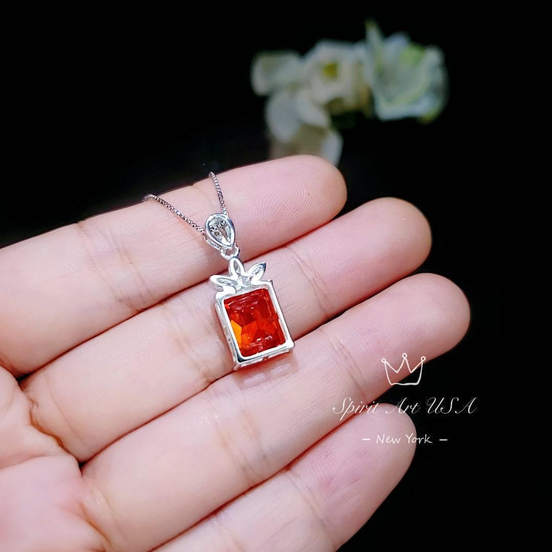 Large Rectangular Sunstone Necklace - Red Orange Tangerine Spessartite Garnet Jewelry Diamond Petal Flower 9 ct Created Orange Sapphire #668