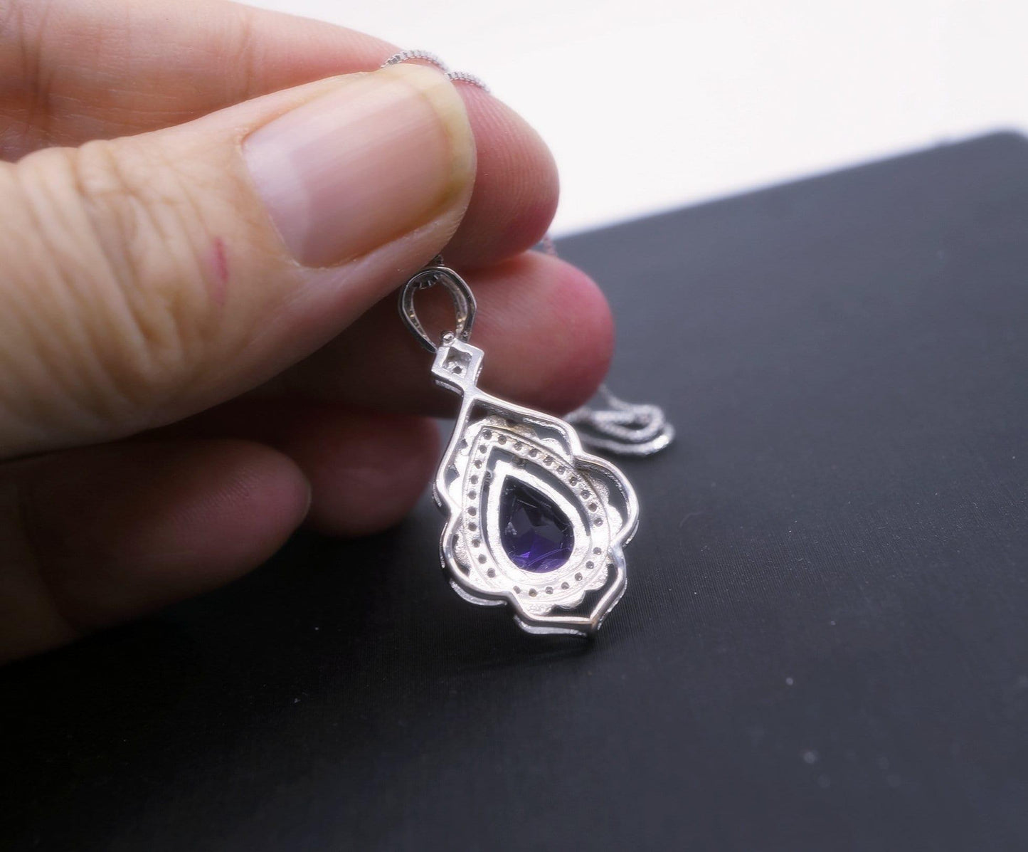 Genuine Amethyst Necklace, Purple Gemstone Flower Pendant White Gold coated Sterling Silver Natural Teardrop Amethyst Jewelry #711