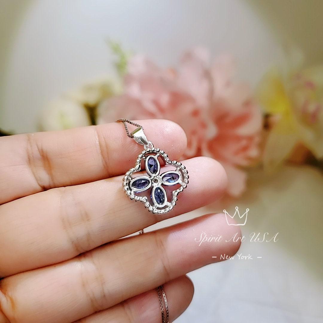 Tanzanite Necklace - Sterling Silver Four leaf Clover Necklace - December Birthstone - Blue Purple Tanzanite Jewelry #246