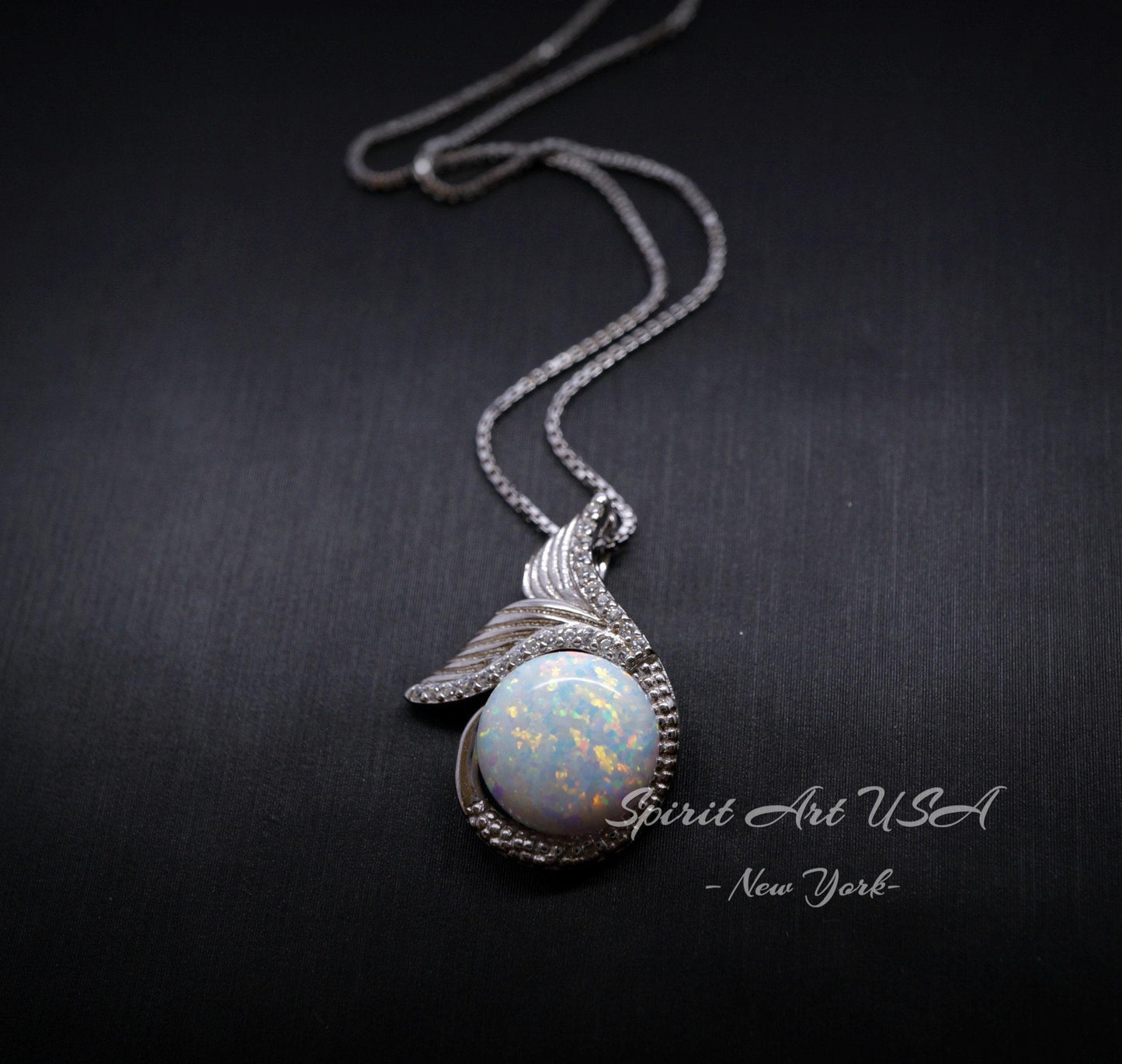 Gemstone Mermaid White Opal Necklace Sterling Silver White Gold Fish Tail Opal Pendant #935