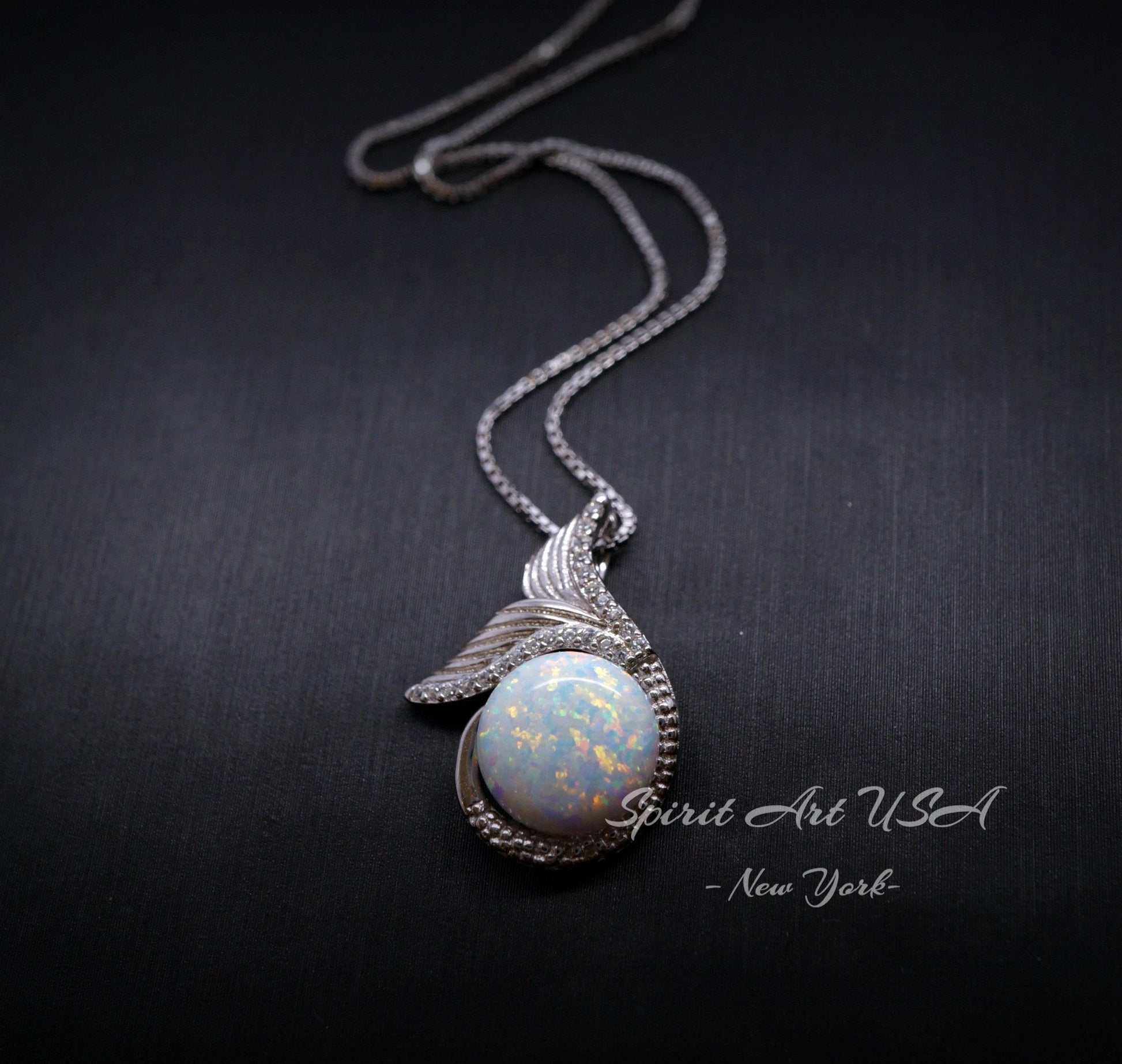 Gemstone Mermaid White Opal Necklace Sterling Silver White Gold Fish Tail Opal Pendant #935