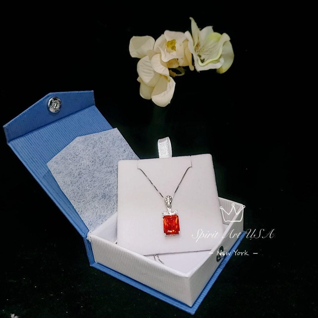 Large Rectangular Sunstone Necklace - Red Orange Tangerine Spessartite Garnet Jewelry Diamond Petal Flower 9 ct Created Orange Sapphire #668