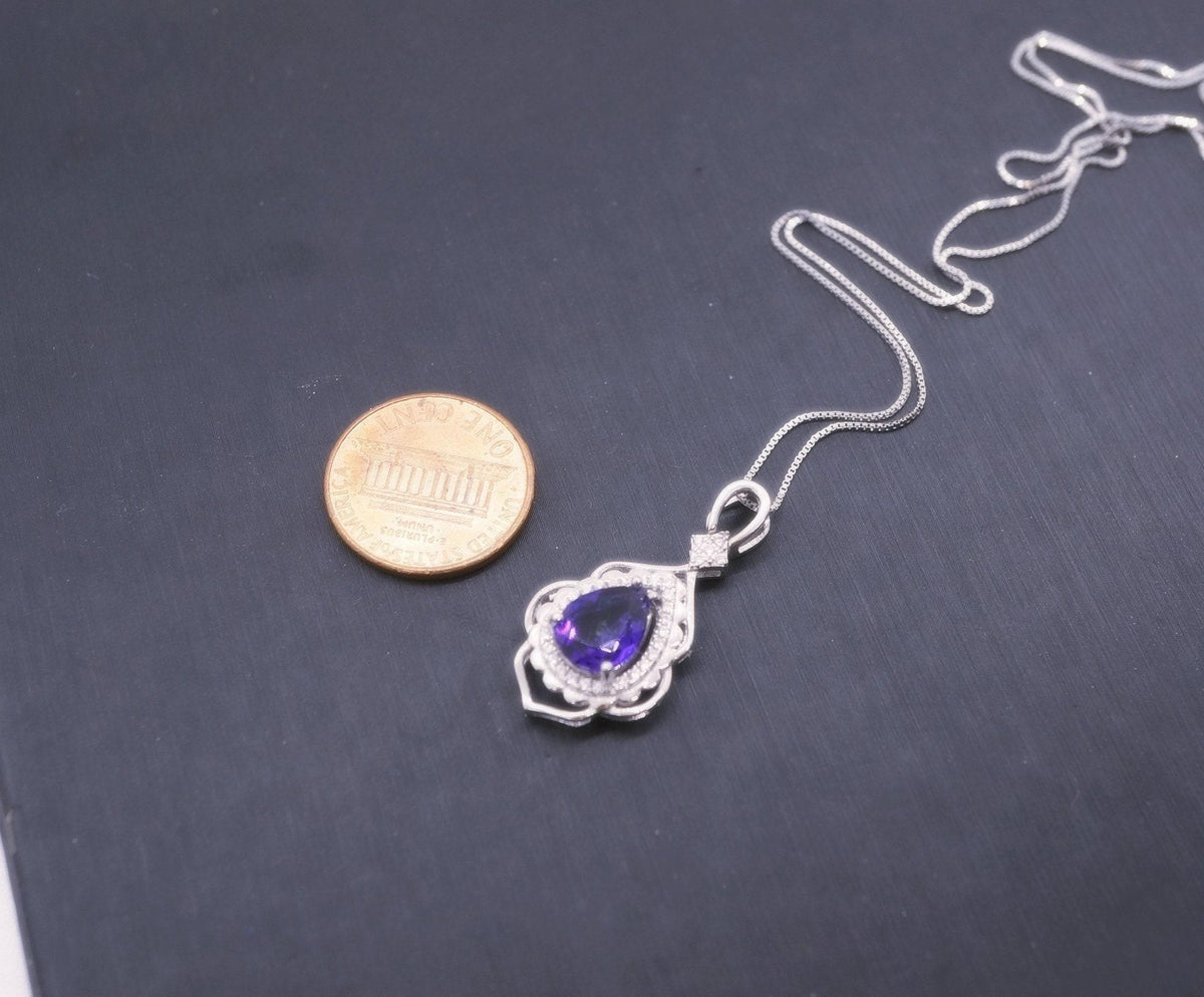 Genuine Amethyst Necklace, Purple Gemstone Flower Pendant White Gold coated Sterling Silver Natural Teardrop Amethyst Jewelry #711