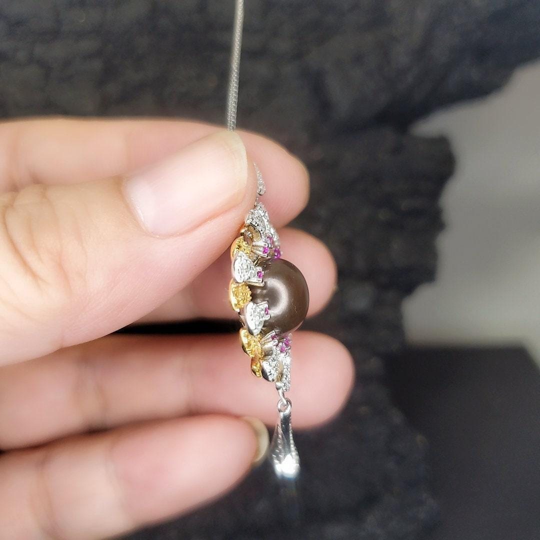 Black Pearl Necklace - 18KGP - Sterling Silver with Gold Sun Sunflower Style - Genuine Black Pearl Jewelry #742