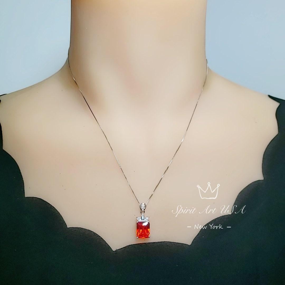 Large Rectangular Sunstone Necklace - Red Orange Tangerine Spessartite Garnet Jewelry Diamond Petal Flower 9 ct Created Orange Sapphire #668