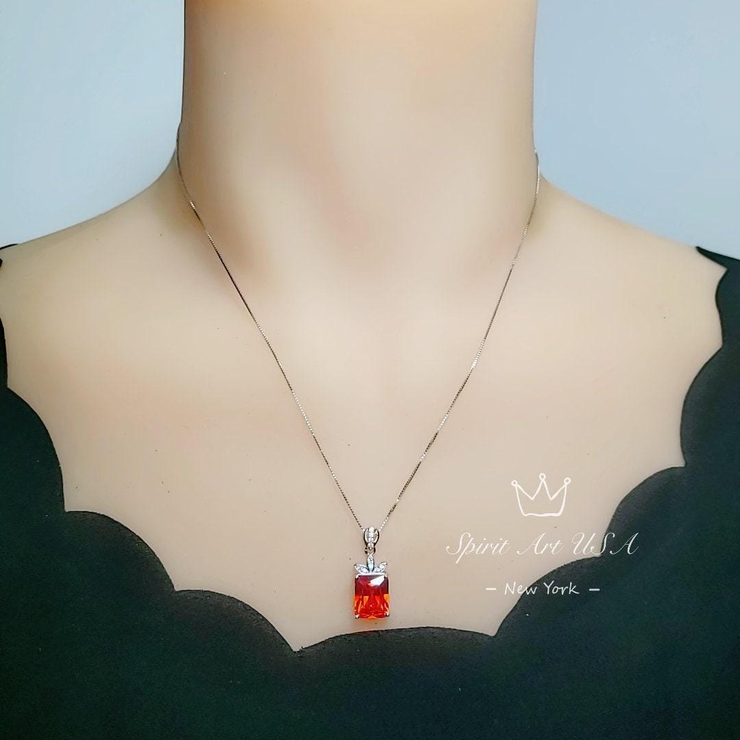 Large Rectangular Sunstone Necklace - Red Orange Tangerine Spessartite Garnet Jewelry Diamond Petal Flower 9 ct Created Orange Sapphire #668