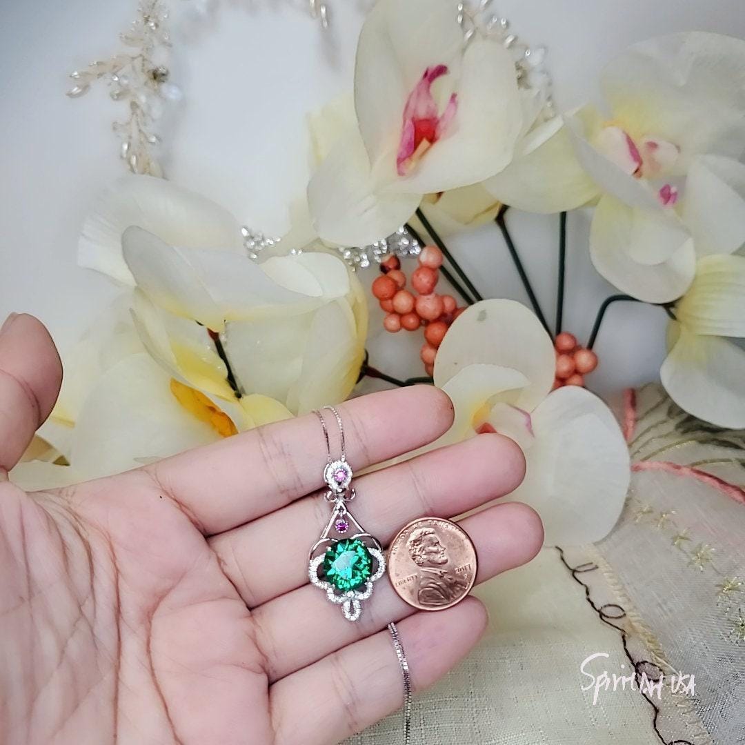 4 CT Emerald Necklace Sterling Silver Flower Tassel 10mm Round Green Gemstone Pendant Diamond White Gold Plated May Birthstone 1025