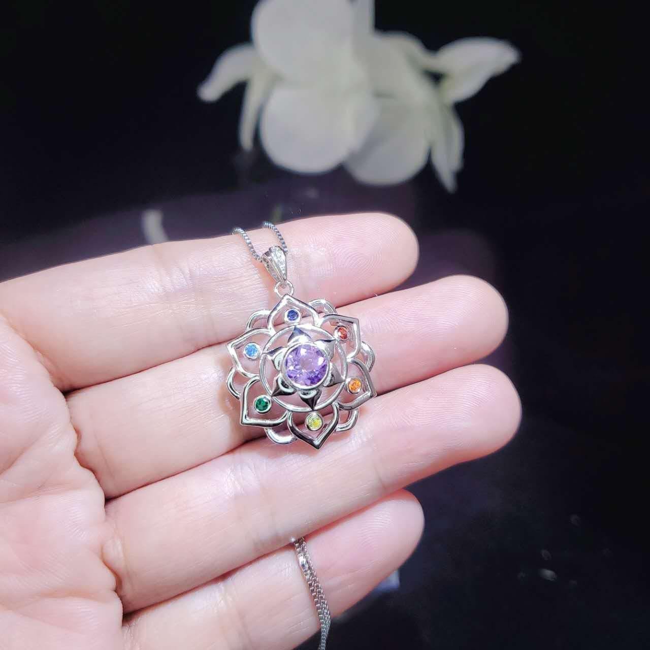 Amethyst Necklace - 7 Chakra Pendant - 18KG @ Sterling Silver - Genuine Natural Amethyst Jewelry - Flower Of Life Yoga Necklace #464