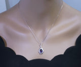 Genuine Amethyst Necklace, Purple Gemstone Flower Pendant White Gold coated Sterling Silver Natural Teardrop Amethyst Jewelry #711