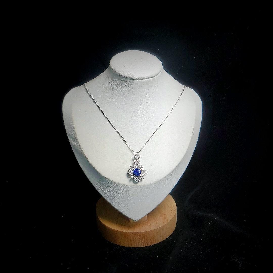 Blue Sapphire Necklace Gemstone Flower Style - 6mm Round Blue Sapphire Pendant - 18KGP @ Sterling Silver - September Birthstone #600