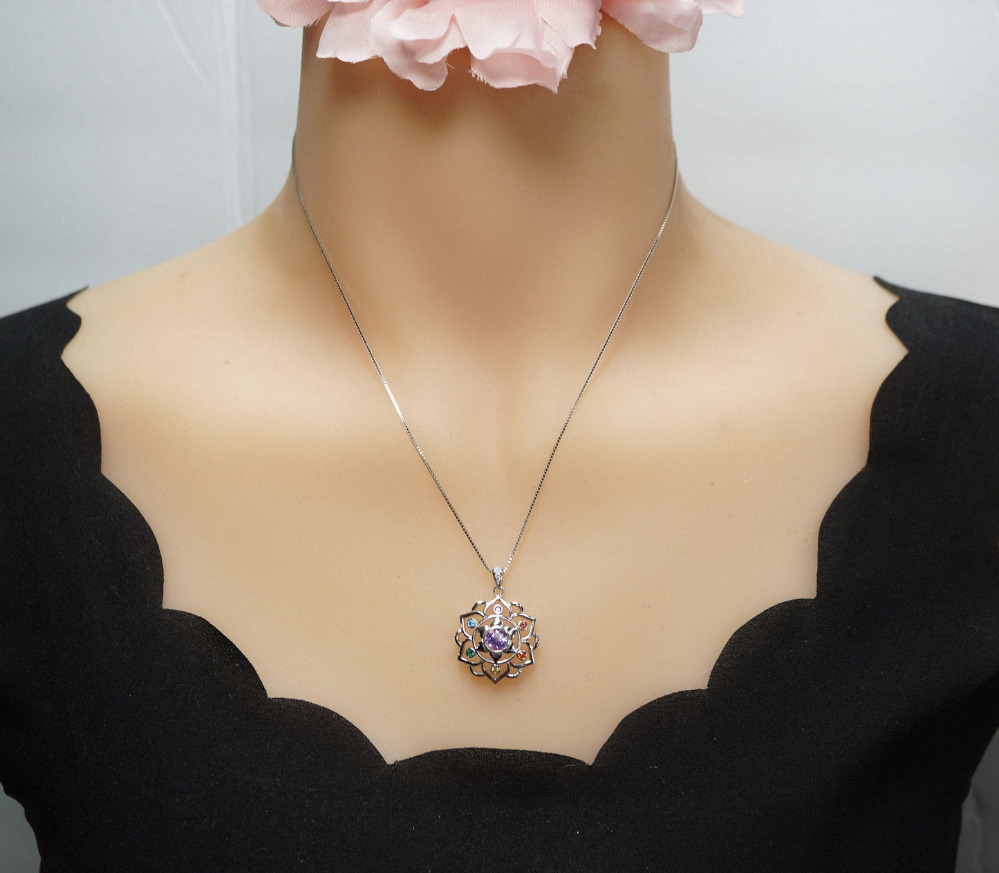 Amethyst Necklace - 7 Chakra Pendant - 18KG @ Sterling Silver - Genuine Natural Amethyst Jewelry - Flower Of Life Yoga Necklace #464