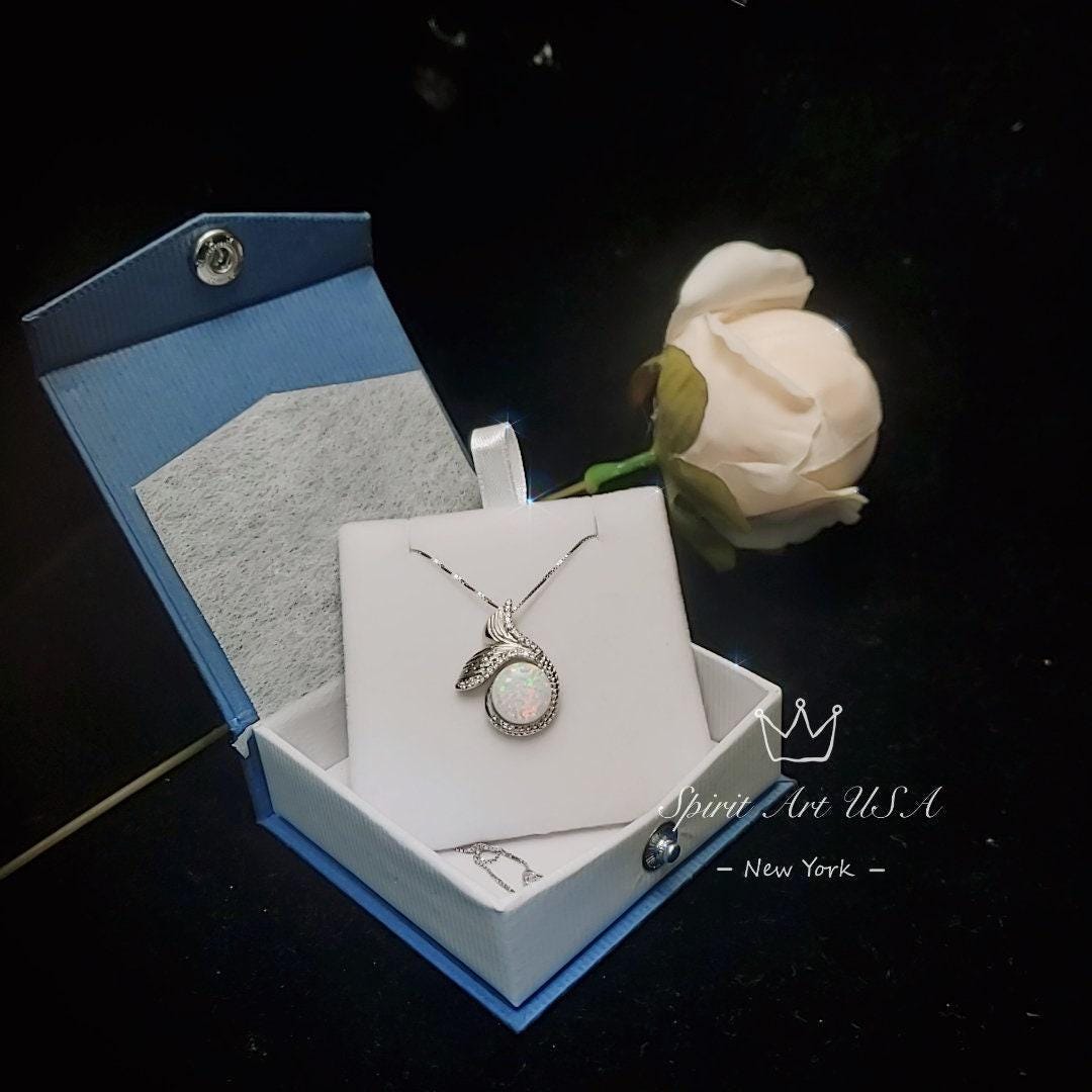 Gemstone Mermaid White Opal Necklace Sterling Silver White Gold Fish Tail Opal Pendant #935
